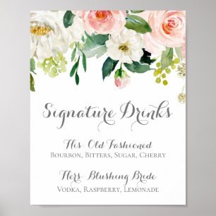 Poster Enseigne de boissons signature à fleurs roses et b
