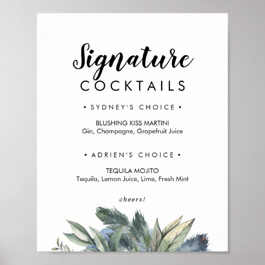 Poster Enseigne de cocktails signature greenery hivernal (Devant)