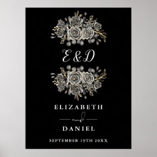 Poster Enseigne de mariage à monogramme floral gothique c