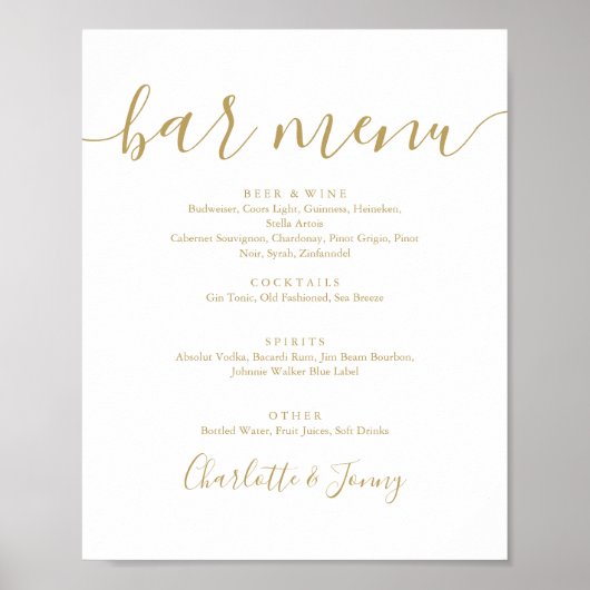 Poster Enseigne de menu de bar à écriture dorée (Devant)