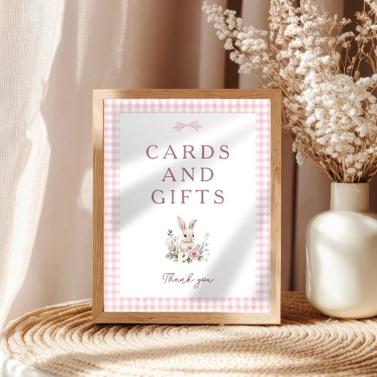 Poster Enseigne de table Fête de Bébé Rose Gingham Lapin