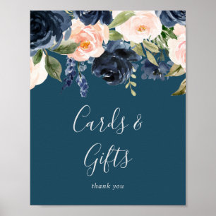 Poster Enseigne Fleurs Roses et Bleu Navy Cartes et Cadea