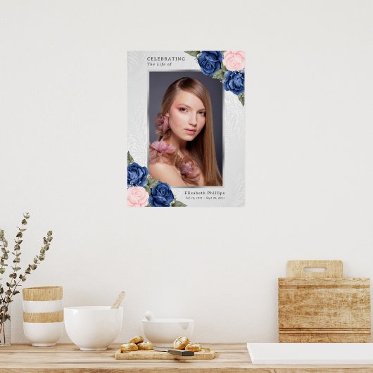 Poster Enseigne funéraire de photo florale rose bleu aqua (Cuisine)