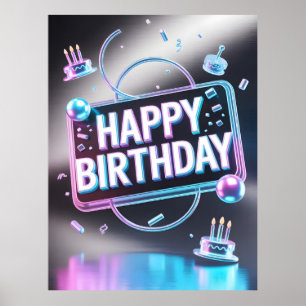 Poster Enseigne néon 3D "Joyeux Anniversaire" futuriste