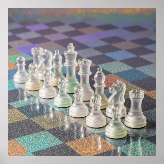 Poster Ensemble d'échecs en verre avec échiquier réfléchi (Devant)