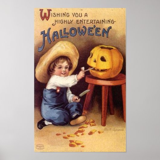 Poster Entertaining Halloween Boy Carving Pumpkin (Devant)