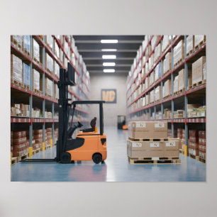 Poster Entrepôt de détail avec étagères de cartons, palet