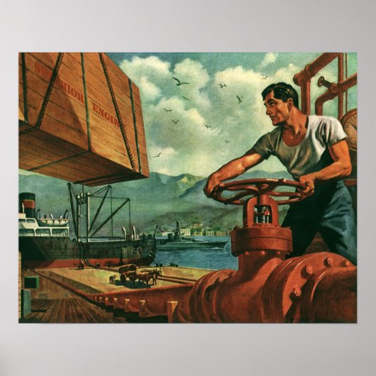 Poster Entreprise Vintage, pétrolier avec docker (Devant)