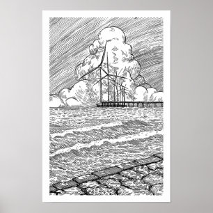 Poster Éoliennes Océan Dessin à l'Encre