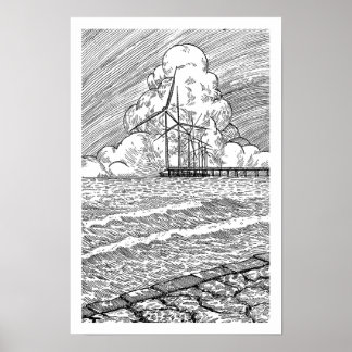 Poster Éoliennes Océan Dessin à l'Encre