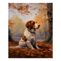 Épagneul breton dans les feuilles d'automne qui to
