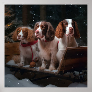 Poster Épagneul Breton Traîneau enneigé Décor de Noël