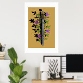 Poster Épée & clématite – Lame florale médiévale (Bureau à domicile)