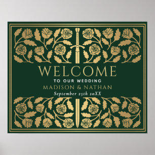 Poster Épée Royale de Mariage Vert Signe de Bienvenue en