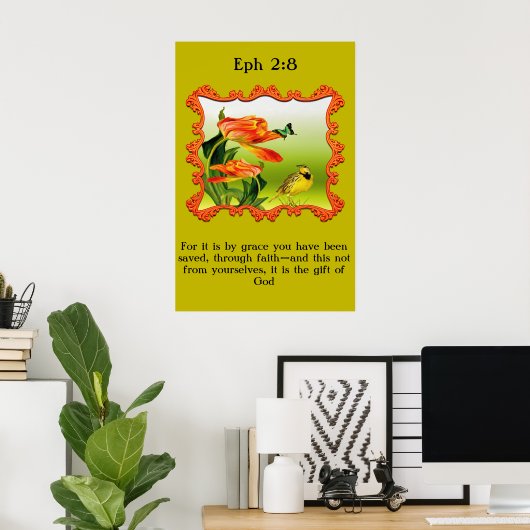 Poster Eph 2:8 Canari jaune et noir mockbird (Bureau à domicile)