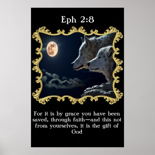 Poster Eph 2:8 Loups regardant la pleine lune. (Devant)