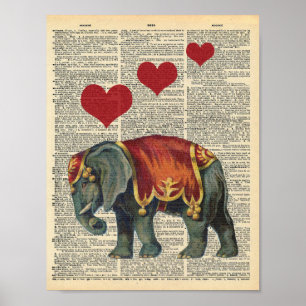 Poster Ephant de cirque vintage & coeurs sur dictionnaire