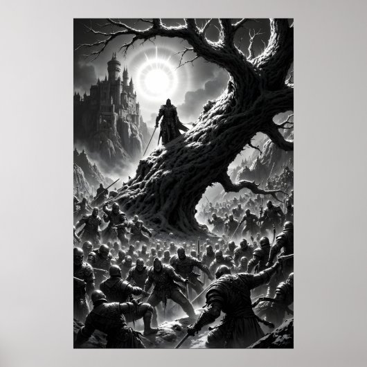 Poster Epic battle scene with medieval warriors under (Devant)