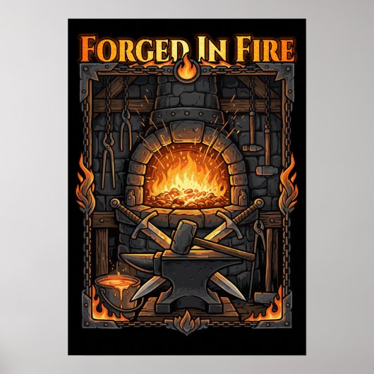 Poster Epic Blacksmith Forge Anvil & Swords Fantasy Art (Devant)