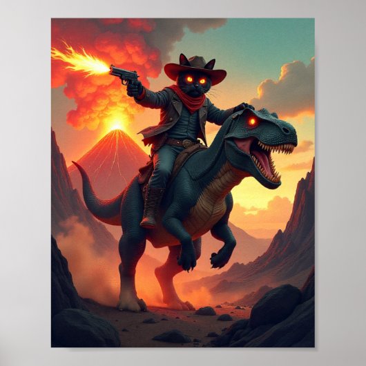 Poster Epic Cowboy Cat Riding Dinosaur | Fantasy Sci-Fi (Devant)