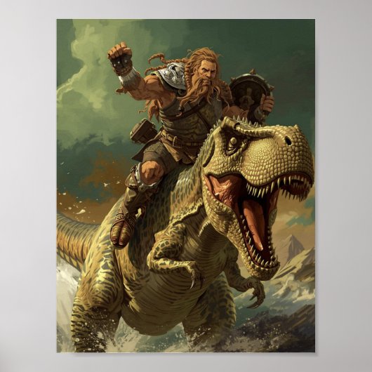 Poster Epic Viking Warrior Riding a Roaring T-Rex (Devant)