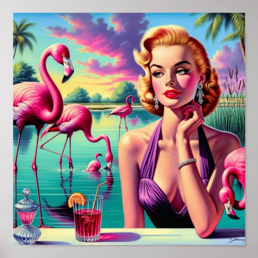 Poster Épinglette Flamant Rétro Pin-Up (Devant)