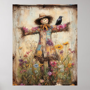 Poster Épouvantail d'art populaire coloré avec des fleurs
