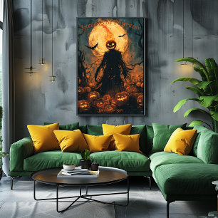 Poster Épouvantail de Halloween à tête de citrouille enfl