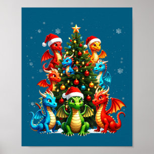 Poster Équipe du sapin de Noël dragon chapeau de Père Noë
