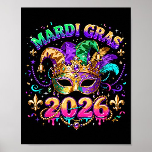 Poster Équipe Mardi Gras 2026 Masque de Carnaval Perles D (Devant)