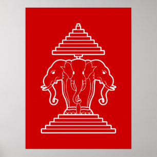 Poster Erawan Three Headed Elephant Lao / Laos Flag