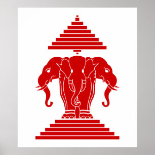 Poster Erawan Trois éléphant en tête Lao / Laos Drapeau