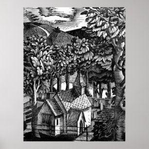 Poster Eric Ravilious - Église sous une colline,