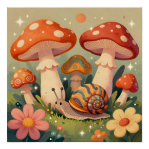 Poster Escargot et champignons Cottage Core