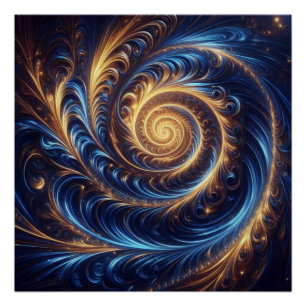 Poster Espace Abstrait moderne Royal Blue et Gold Swirls
