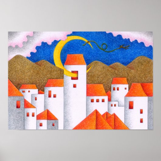 Poster Espace étrange, une ville au clair de lune croissa (Devant)