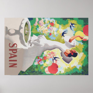 Poster Espagne Senorita Oiseaux Fleurs Fiesta Garden