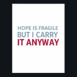 Poster Espérer<br><div class="desc">Un design minimaliste qui capture la résilience face à l'incertitude. La citation "L'ESPOIR EST FRAGILE MAIS JE LE PORTE DE TOUTE FAÇON" est un rappel puissant que la force ne réside pas dans la solidité de l'espoir lui-même, mais dans l'engagement indéfectible de s'y tenir malgré sa délicatesse. Les couleurs contrastées...</div>