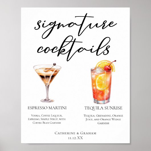 Poster Espresso Martini Tequila Sunrise Cocktails Menu (Devant)