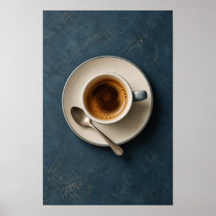 Poster Espresso minimaliste sur fond bleu foncé – Café mo
