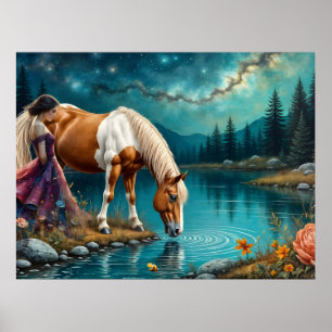 Poster Esprit de femme et cheval Palomino à l'eau