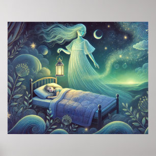 Poster Esprit de Nuit avec Lanterne au-dessus d'un Enfant