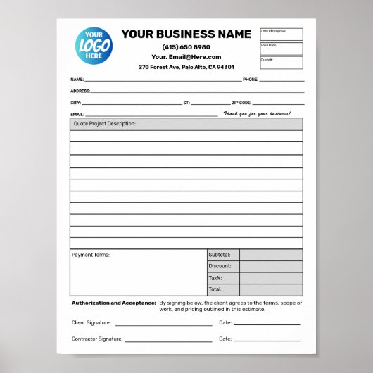 Poster Estimate Quote Job Proposal Forms Contractor (Devant)
