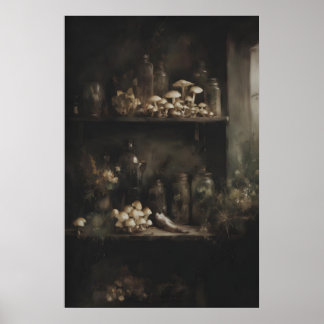 Poster Étagères Remplis de Champignons et de Bouteilles A