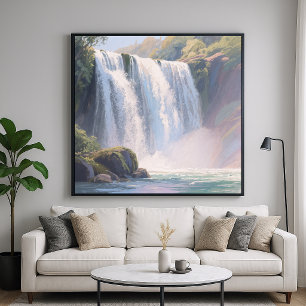 Poster Étang à cascade - Style de peinture au pastel numé