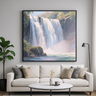 Poster Étang à cascade - Style de peinture au pastel numé