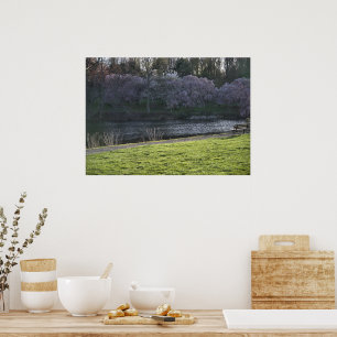 Poster Étang aux arbres à fleurs roses jolis