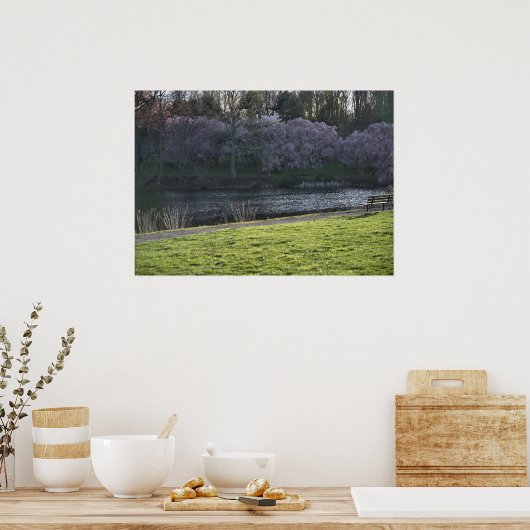 Poster Étang aux arbres à fleurs roses jolis (Cuisine)