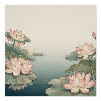 Poster Étang de fleurs de lotus roses Sérénité zen