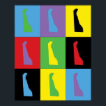 Poster État de la Pop Art du Delaware<br><div class="desc">Un design pop art amusant de l'état du Delaware réalisé en vert,  noir,  violet,  rouge,  jaune et bleu sur une affiche.</div>